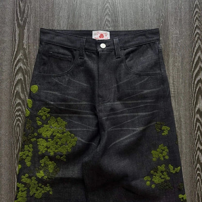 Mens Jeans Harajuku European Streetwear Floral Embroidery Denim Pants Straight Leg Loose Fit INS Casual Versatile Unisex Fashion