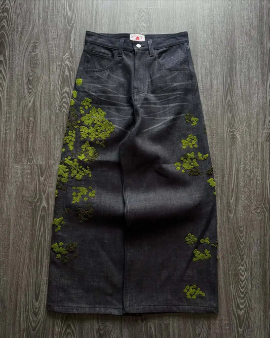 Mens Jeans Harajuku European Streetwear Floral Embroidery Denim Pants Straight Leg Loose Fit INS Casual Versatile Unisex Fashion